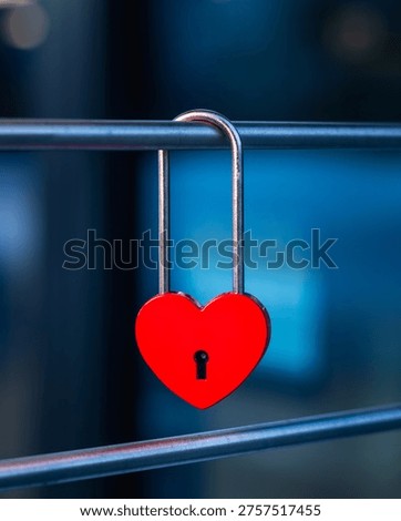 A Red Heart Shaped Lock on a Fence with a Blue Background