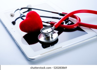 Red Heart, Stethoscope On Tablet Pc, Health Medical Technology Concepts