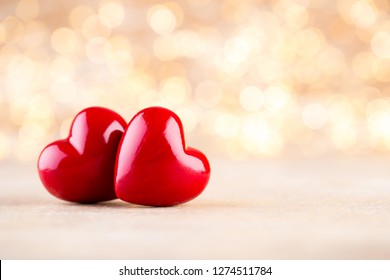 Red heart, valentine day greeting card. Bokeh background.