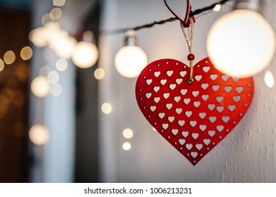 Red heart with vintage old wood on background picture bokeh and bulbs light. love . Valentines day. - Powered by Shutterstock