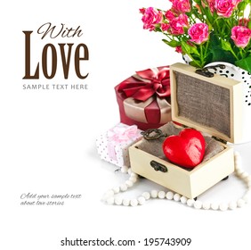 Red heart wooden casket with bunch roses. Isolated on white background - Powered by Shutterstock