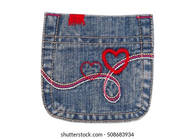 Red hearts embroidered on blue jeans denim pocket, close up, fashion background - Powered by Shutterstock