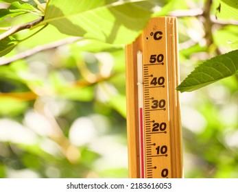 Red heat warning , Heatwave cause climate change and global warming . Thermometer making 30 degrees celsius temperature , extreme hot summer weather in Hungary, Europe. Nature green forest background. - Shutterstock ID 2183616053