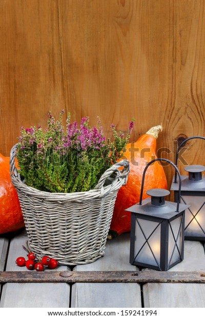 Red Heather Wicker Basket Pumpkins Lanterns Stock Photo Edit Now