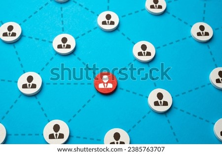 Red highlighted person in the network. Working relationships and involvement in work.