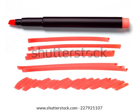 Red Highlighter Pen and Doodles Isolated on White Background with Real Shadow and Text Space