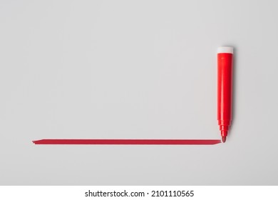 Red Highlighter Pen And A Hand Drawn Red Line, Isolated On Gray Background, Template With Space For Text