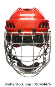 Red hockey helmet with cage isolated on white