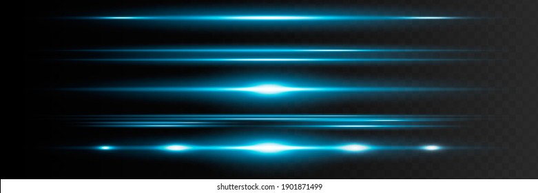 Red horizontal lens flares pack. Laser beams, horizontal light rays.Beautiful light flares. Glowing streaks on dark background. Luminous abstract sparkling lined background