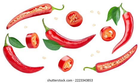 Red hot chili pepper. Fresh organic chili pepper with leaves isolated on white background. Chili pepper with clipping path - Shutterstock ID 2223343853
