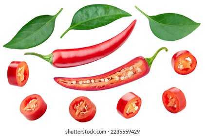 Red hot chili pepper. Fresh organic chili pepper with leaves isolated on white background. Chili pepper with clipping path - Shutterstock ID 2235559429