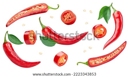 Red hot chili pepper. Fresh organic chili pepper with leaves isolated on white background. Chili pepper with clipping path