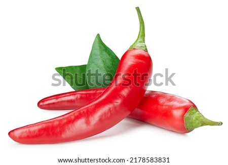 Red hot chili pepper with leaves isolated on white background. Cayenne pepper clipping path