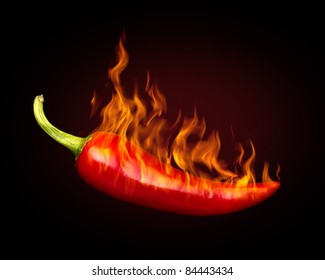 Red hot chili pepper on black background with flame