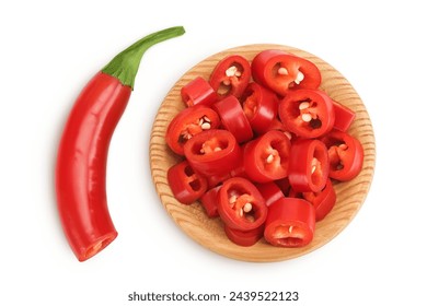 red hot chili pepper slices in wooden bowl isolated on white background. Top view. Flat lay. - Powered by Shutterstock