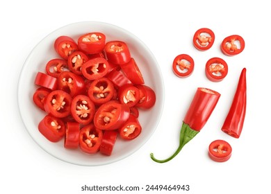 red hot chili pepper slices in ceramic bowl isolated on white background. Top view. Flat lay. - Powered by Shutterstock