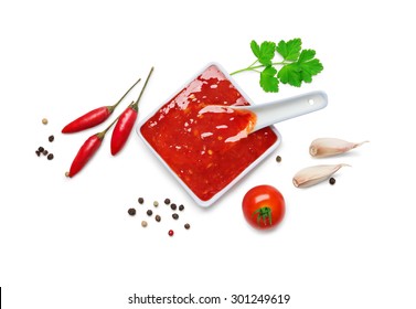 Red Hot Chilli Sauce  Isolated On A White Background.Top View