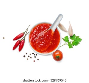 Red Hot Chilli Sauce  Isolated On A White Background.Top View