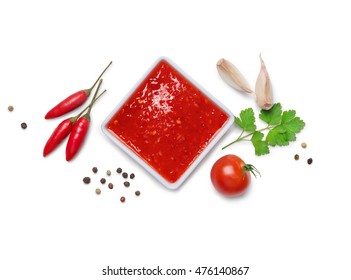 Red Hot Chilli Sauce  Isolated On A White Background.Top View