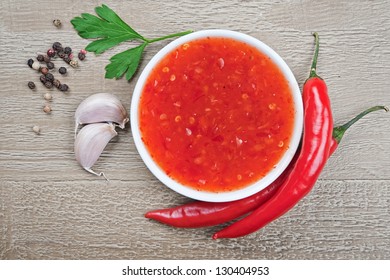 Red Hot Chilli Sauce Over Wooden Background