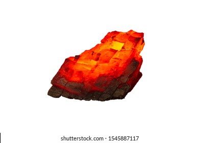 Red Hot Coal Bar Isolated On White Background. Red Burning Coal Mine Isolated On White Close Up. Raw Coal Nugget On Fire For Power And Fuel  Industry