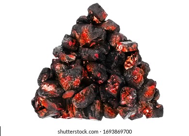 Red Hot Coal Heap On White Background Isolated Close Up, Orange Burning Coal Stones Pile, Fossil Fuel, Black Anthracite, Glowing Coal Nuggets On Fire, Smolder Embers Pieces, Flaming Charcoal Bonfire