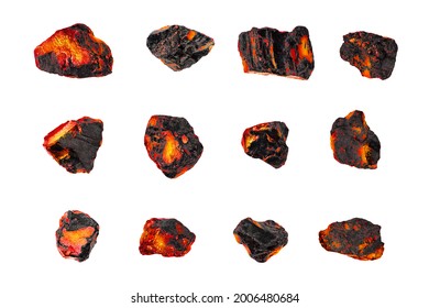 Red hot coal stones set isolated white, burning natural black charcoal pieces texture, flaming anthracite rocks, glowing coal nuggets, smolder orange embers, mineral fossil fuel fire, mining industry