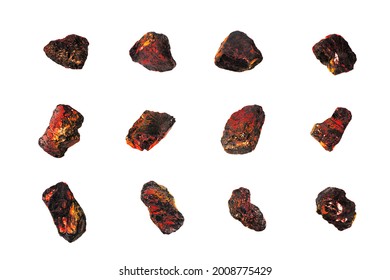 Red Hot Coal Stones Set Isolated White, Burning Natural Black Charcoal Pieces Texture, Flaming Anthracite Rocks, Glowing Coal Nuggets, Smolder Orange Embers, Mineral Fossil Fuel Fire, Mining Industry