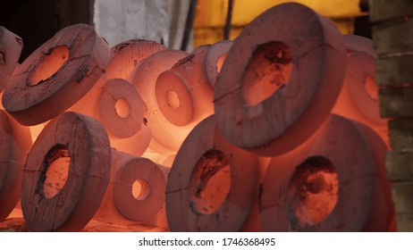 Red hot metal workpieces in foundry. Room for manufacture of metal products by casting. Casting shop for gassified models. Blast Furnace Steel Production Steel Works.