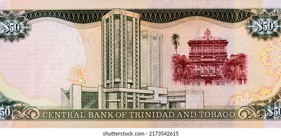 The Red House (Parliament Building) On Abercromby Street, Port Of Spain, Trinidad And Tobago. Portrait From Trinidad  Tobago 50 Dollars 2006 Banknotes.