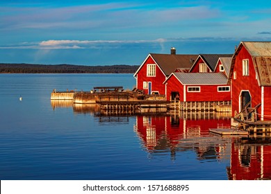 Red Houses In Village Scenic Landscape, Höga Kusten, Sweden