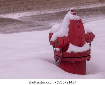 A red hydrant in deep snow during winter