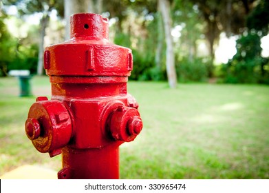 Red hydrant fire detail prevention system with  green out of focus wood in background
