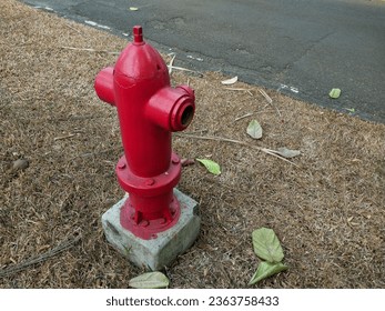 Red hydrant fire prevention system detail with with dry grass and road out of focus in background 