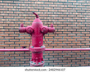 red hydrant isolated on red bricks wall