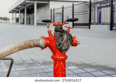 Red hydrant on a tiled surface with water pooling around it, hose extending into the background in an outdoor setting.