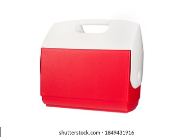 A Red Ice Chest Cooler Isolated On A White Background