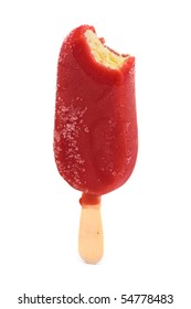 Red Ice Lolly With A Bite Taken Out On A White Background