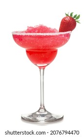 Red iced coktail in margarita glass with salt rim and strawberry garnish isolated on white background
