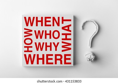 Red Interrogative Words And Paper Question Mark With White Background.