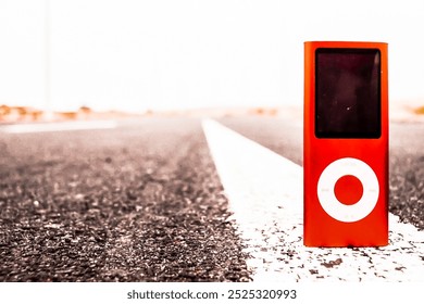 A red iPod is sitting on the side of a road. The iPod is the only object in the image