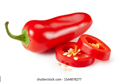 Red Jalapeno Peppers With Sliced On White Background