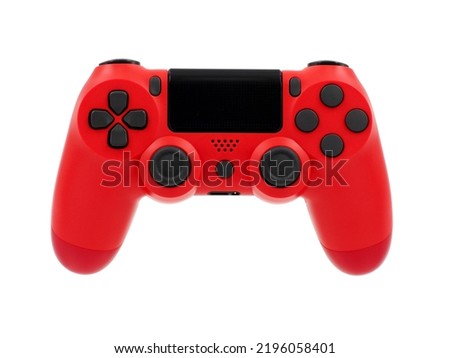 Red joystick for gaming console, isolated on white background.