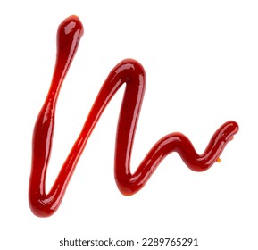Red ketchup splashes isolated on white background. Drizzle of Barbecue sauce. Top view
