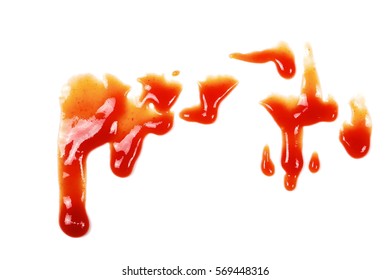 Red Ketchup Splashes Isolated On White Background, Tomato Puree Texture