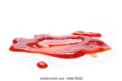 Red Ketchup Splashes Isolated On White Background, Tomato Pure Texture