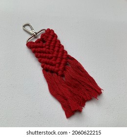 Red Key Chain Macrame On White Background