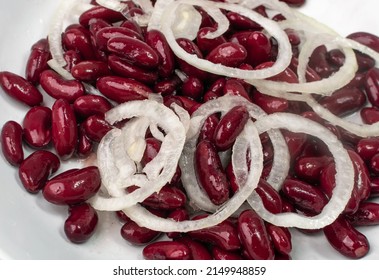 Red Kidney Beans Macro Photo. Cooked Bean Salad Pile, Baked Legume With Onion, Canned Red Beans, Rajma, Phaseolus Vulgaris, Leguminous Salat Close Up