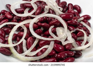 Red Kidney Beans Macro Photo. Cooked Bean Salad Pile, Baked Legume With Onion, Canned Red Beans, Rajma, Phaseolus Vulgaris, Leguminous Salat Close Up