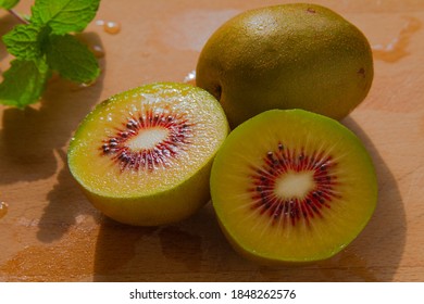 Red Kiwi Fruit Cultivars Halves Close Up